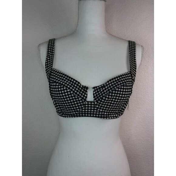 Victoria's Secret 34D black white checked underwire lace up back‎ bikini top NWT - Picture 1 of 8